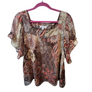 Dressbarn Floral Blouse Sheer Flowy‎ Top Petite Brown Orange PL